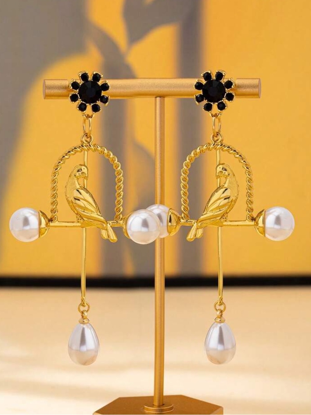 Vintage Ornate Gold Birdcage Songbird  Pearl Earrings